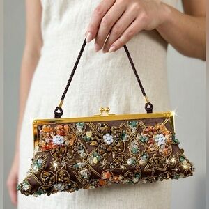 Vintage Beaded Evening Clutch Tiger’s Eye & Gemstone Purse Brown Satin Beaded